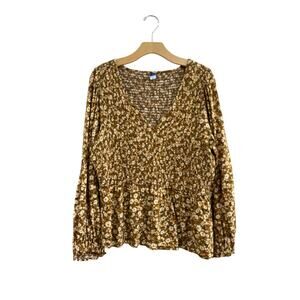 Old Navy Yellow Floral Smocked Peplum Blouse Long Sleeve Boho Top XL